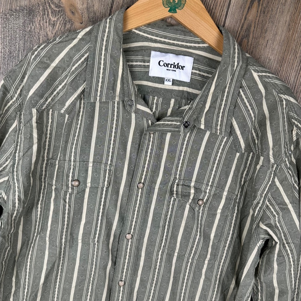 Corridor New York Snap Button Long Sleeve Shirt Mens XXL Green Striped Western